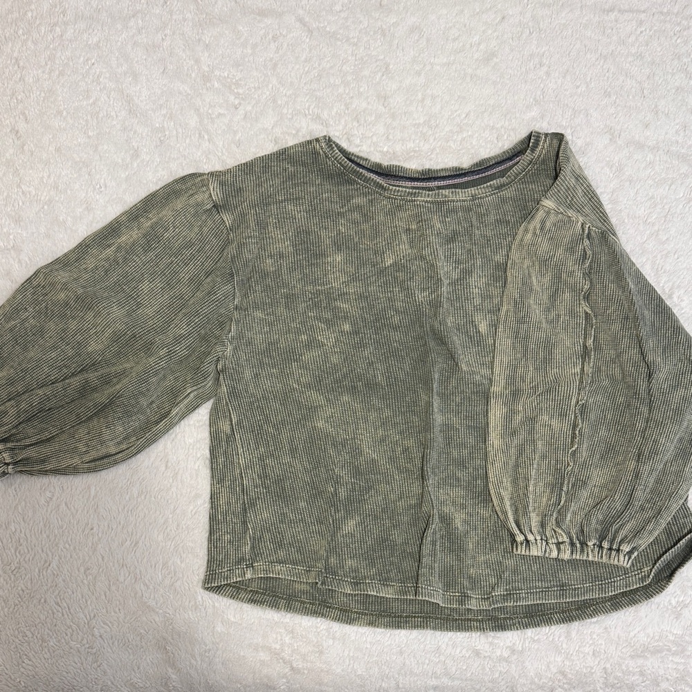 Pilcro Olive Green Ribbed Puff Sleeve Top